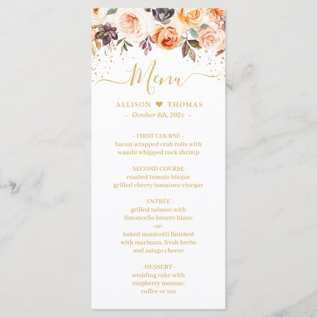 Autumn Floral Gold Glitters Fall Wedding Menu (Front)