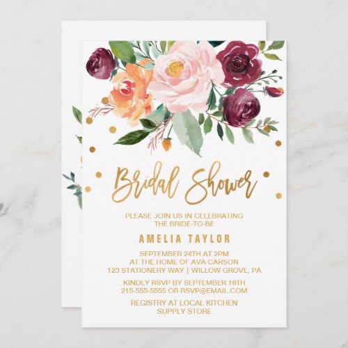 Autumn Floral Gold Light Wreath Back Bridal Shower Invitation