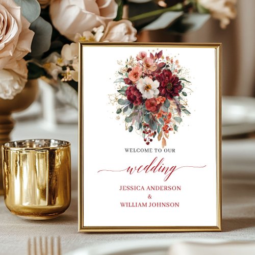 Autumn Floral Greenery 8x10 Burgundy Wedding Poster
