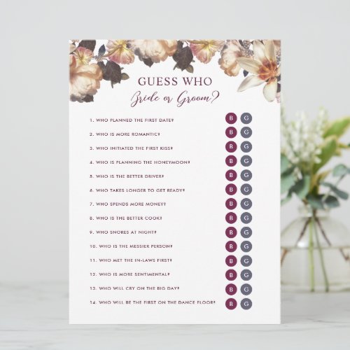 Autumn Floral Guess Who Bride or Groom Shower Game Invitation