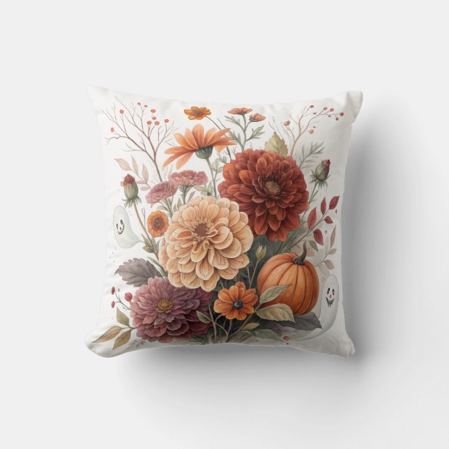 Autumn Floral & Halloween Watercolor Design  Throw Pillow (Front)