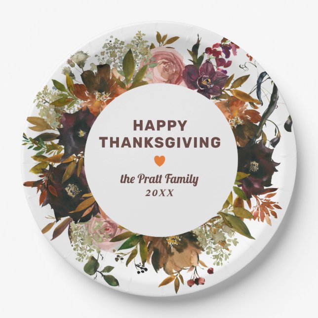 Autumn Floral Happy Thanksgiving Paper Plates (Front)