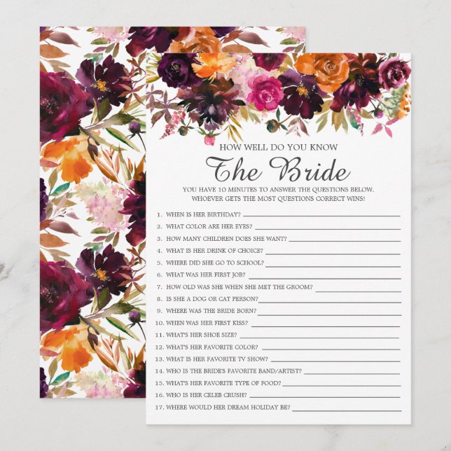 Autumn Floral How Well Do You Know The Bride Game Invitation (Front/Back)