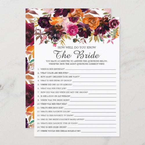 Autumn Floral How Well Do You Know The Bride Game Invitation