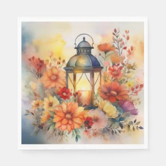 Autumn Floral Lantern Luncheon Napkin