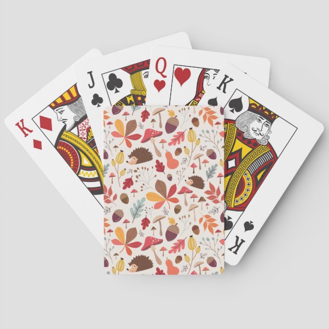 Autumn Floral Leaves and Hedgehog Pattern Poker Cards (Back)