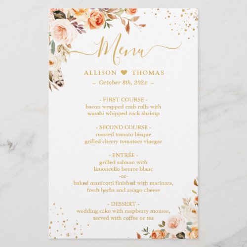 Autumn Floral Leaves Boho Chic Wedding Dinner Menu