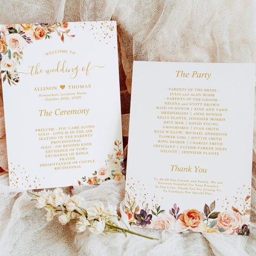 Autumn Floral Leaves Gold Confetti Wedding Program