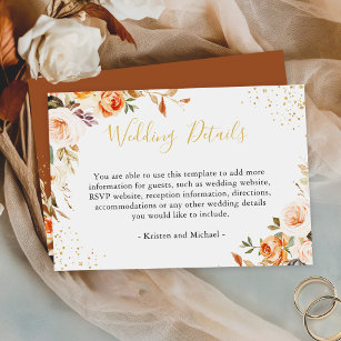 Autumn Floral Leaves Gold Glitters Wedding Details Enclosure Card