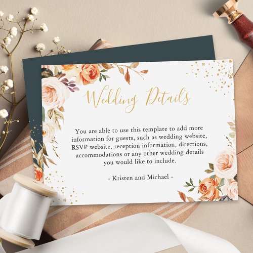 Autumn Floral Leaves Gold Glitters Wedding Details Enclosure Card