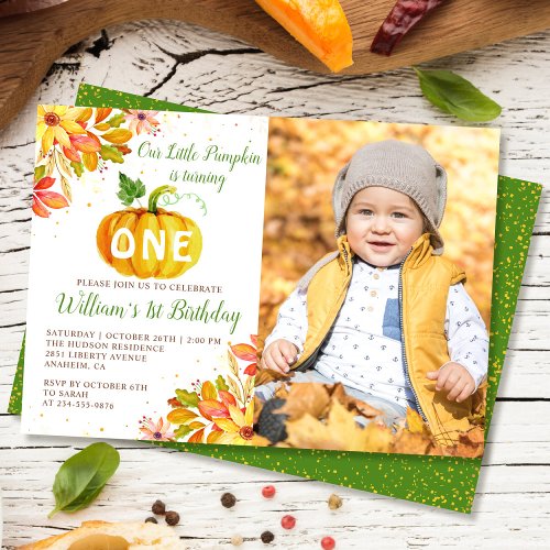 Autumn Floral Leaves Pumpkin 1st Birthday Photo Invitation