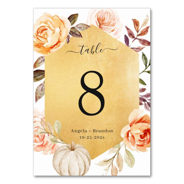 Autumn Floral Luxurious Gold Look Fall Wedding Table Number (Front)