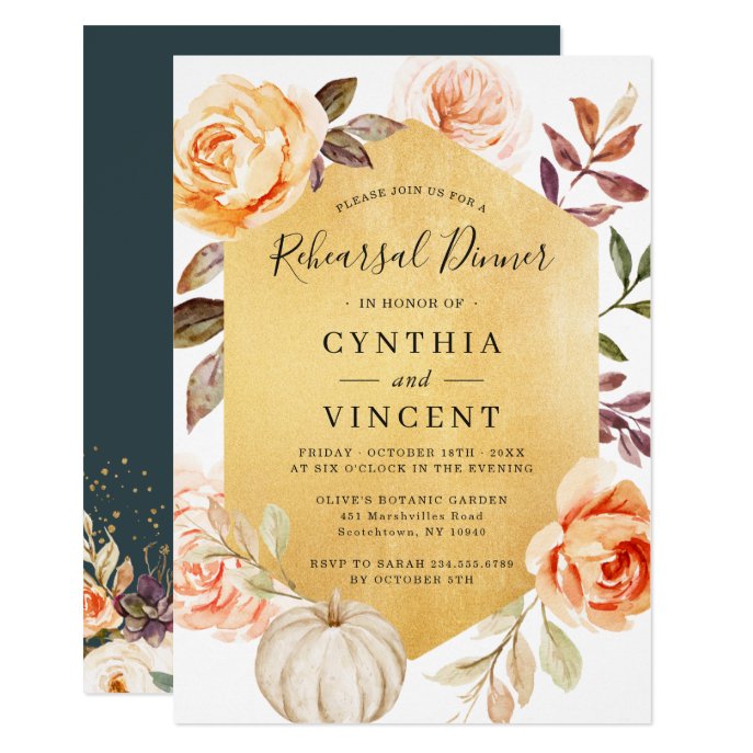 Autumn Floral Luxury Gold Wedding Rehearsal Dinner Invitation