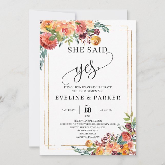 Autumn Floral Marigold she said yes engagement Invitation (Front)
