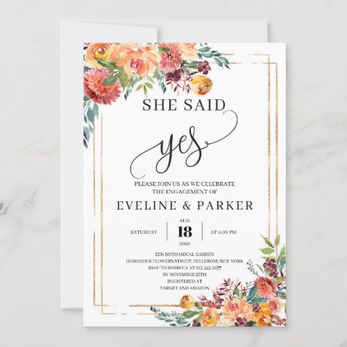 Autumn Floral Marigold she said yes engagement Invitation