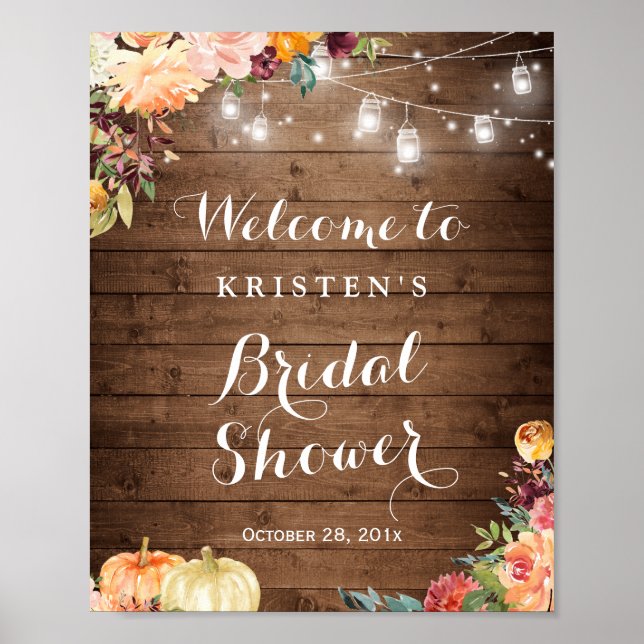 Autumn Floral Mason Jar Lights Bridal Shower Sign (Front)