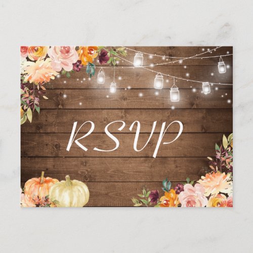 Autumn Floral Mason Jar Lights Rustic Wedding RSVP Invitation Postcard