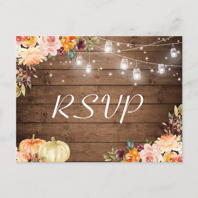 Autumn Floral Mason Jar Lights Rustic Wedding RSVP Invitation Postcard (Front)