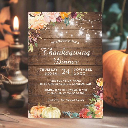 Autumn Floral Mason Jar Lights Thanksgiving Dinner Invitation