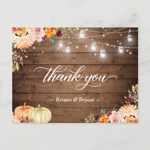 Autumn Floral Mason Jar Lights Wedding Thank You Postcard