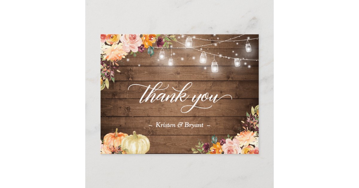 Autumn Floral Mason Jar Lights Wedding Thank You Postcard | Zazzle