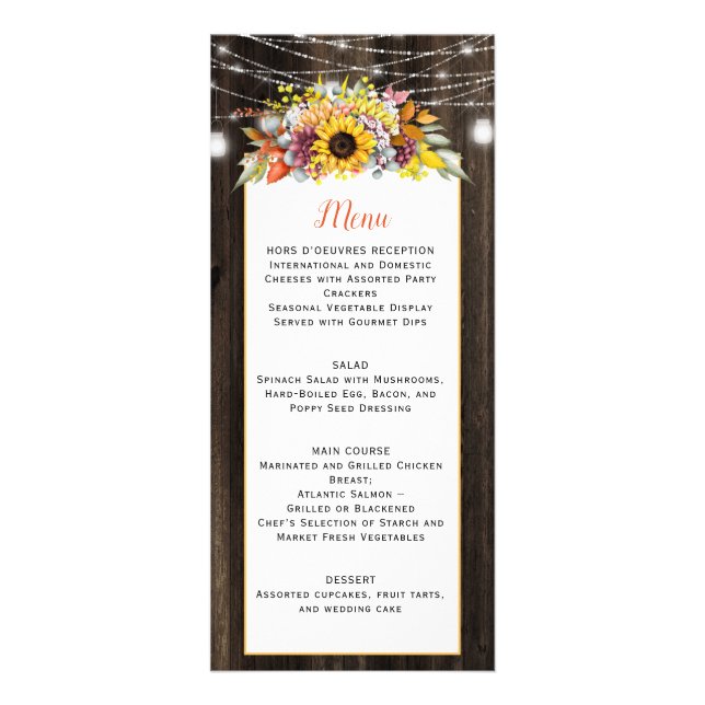Autumn Floral Mason Jar String Lights Wedding Menu (Front)