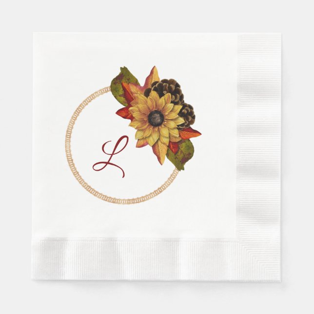 Autumn Floral Monogram Paper Napkin (Front)