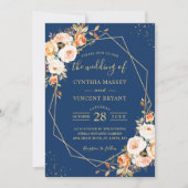 Autumn Floral Navy Blue Gold Geometric Wedding Invitation (Front)