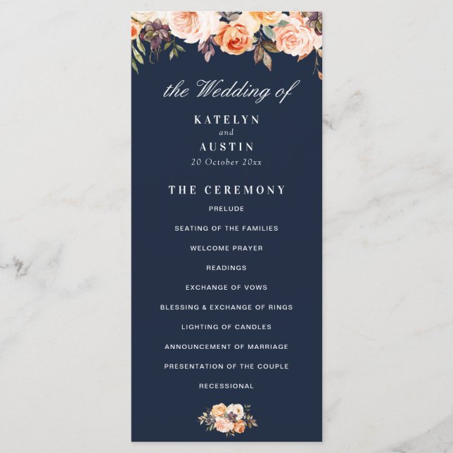 autumn floral navy blue wedding program (Front)