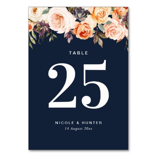 autumn floral navy blue wedding Table number