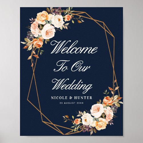autumn floral navy blue wedding welcome sign