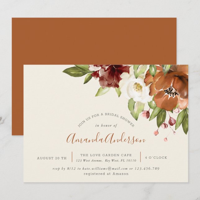  Autumn Floral Orange Ivory Bridal Shower Invite (Front/Back)