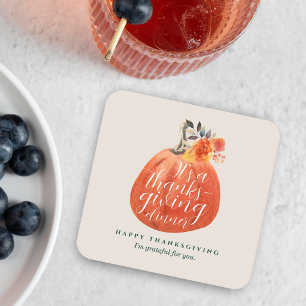 Autumn Floral Orange Pumpkin Thanksgiving Dinner Square Paper Coaster