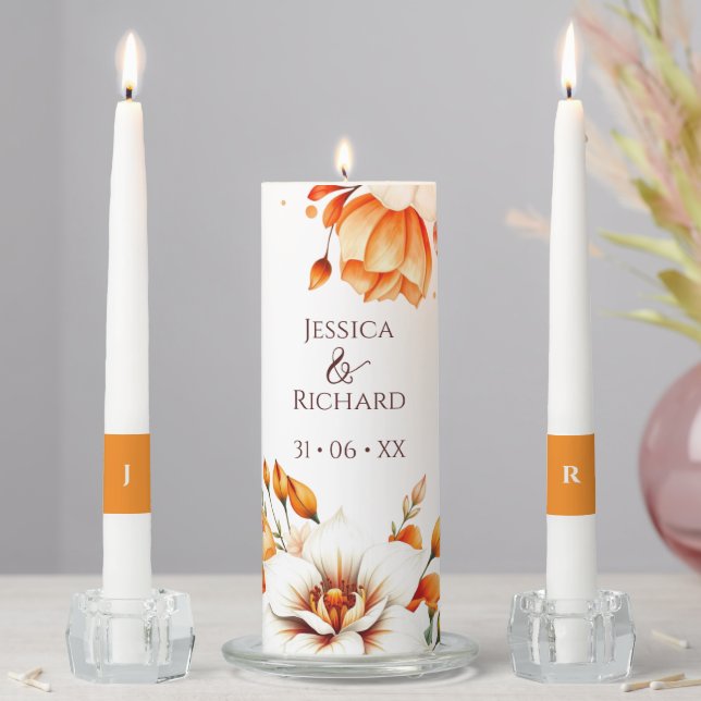 Autumn Floral Orange Unity Candle Set (In Situ)