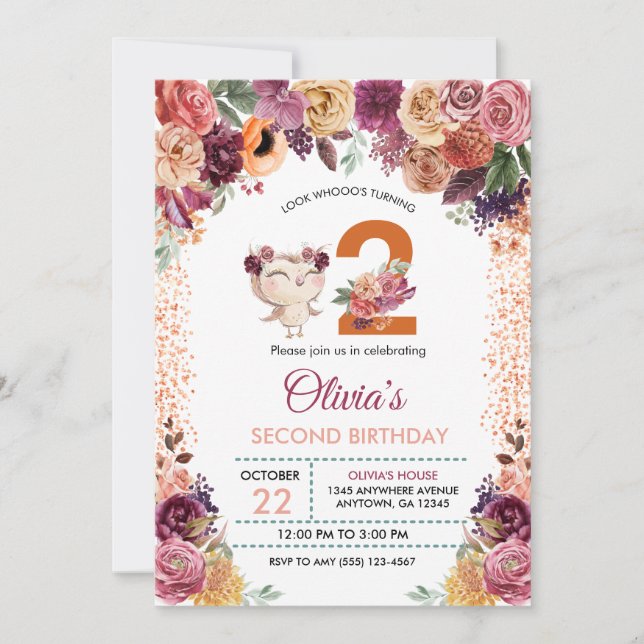 Autumn Floral Owl Birthday Invitation (Front)
