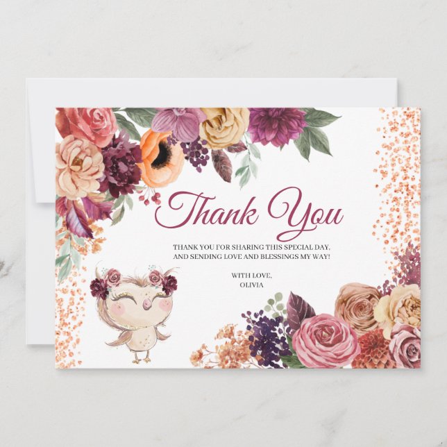 Autumn Floral Owl Thank You Card (Front)