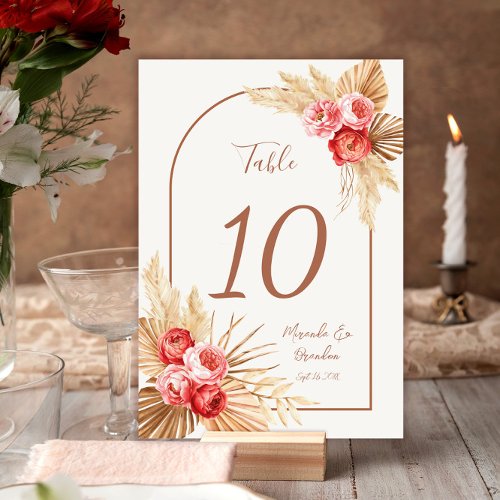 Autumn Floral Pampas Gras Wedding Table Number