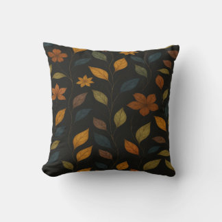 Autumn Floral Pattern on Black Background Throw Pillow