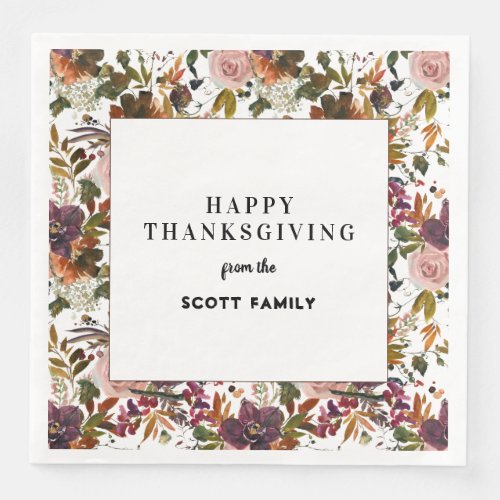 Autumn Floral Personalized Thanksgiving Dinner Paper Dinner Napkins