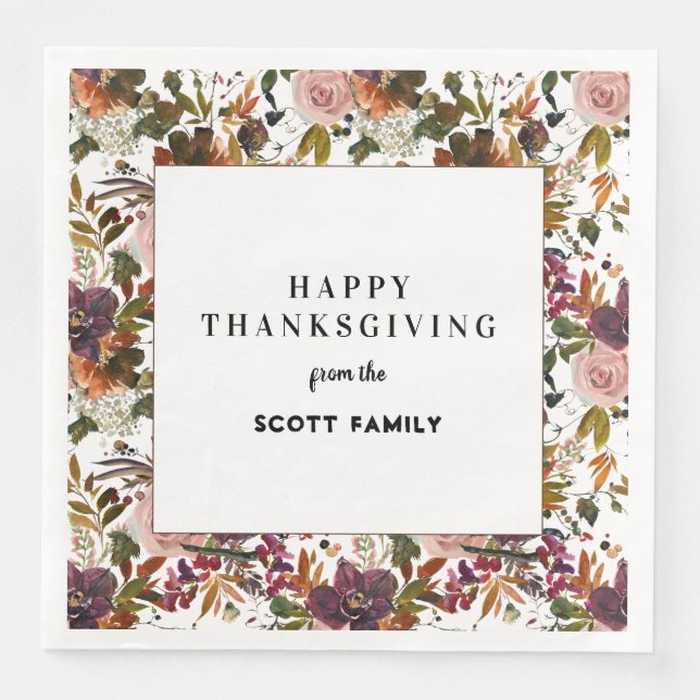 Autumn Floral Personalized Thanksgiving Dinner Paper Dinner Napkins (Front)