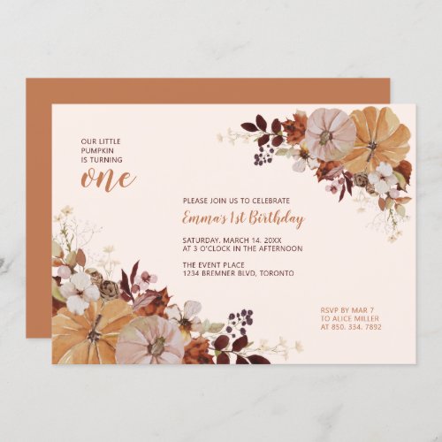 Autumn Floral  Pumpkin 1st Birthday Party Invitation