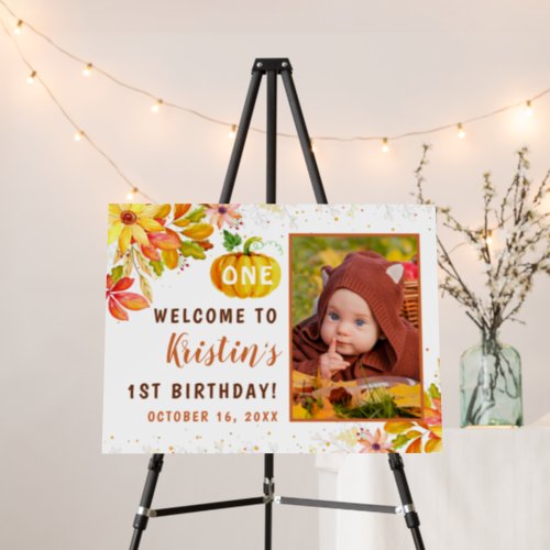 Autumn Floral Pumpkin 1st Birthday Welcome Photo Foam Board