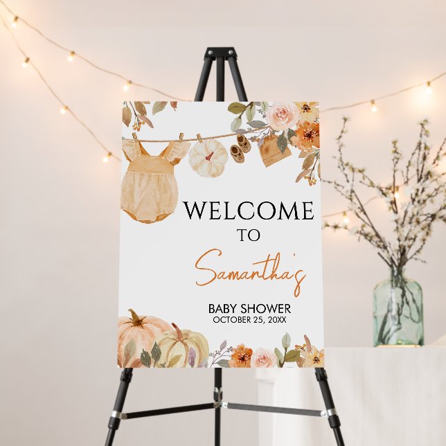 Autumn Floral Pumpkin Baby Shower Welcome Sign (In Situ (Stand))