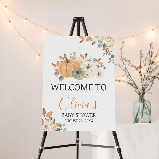 Autumn Floral Pumpkin Baby Shower Welcome Sign (In Situ (Stand))