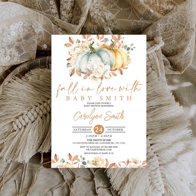 Autumn Floral Pumpkin Fall in Love Baby Shower Invitation (Creator Uploaded)
