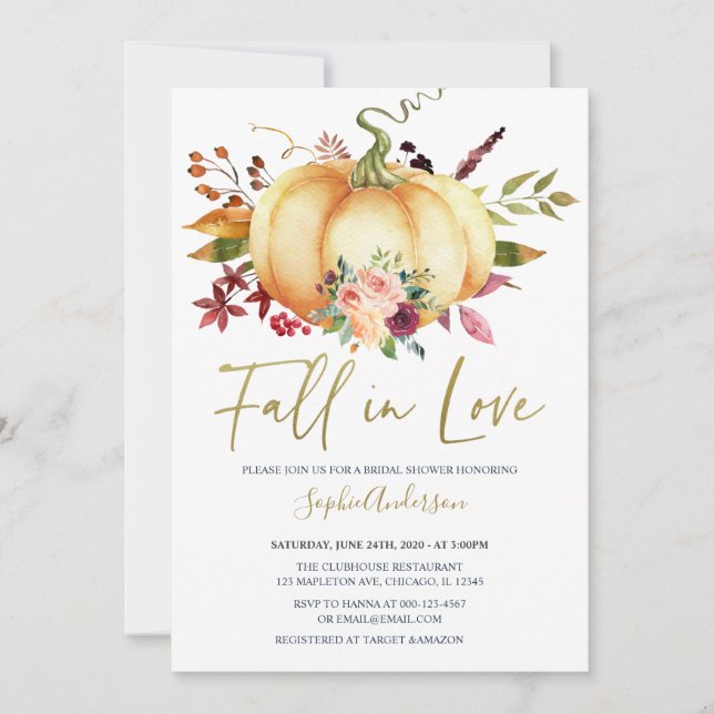 Autumn Floral Pumpkin Fall in Love Bridal Shower Invitation (Front)
