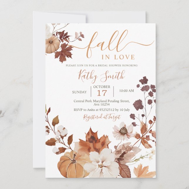 Autumn floral Pumpkin Fall In Love Invitation (Front)