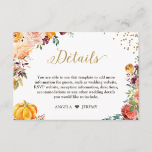 Autumn Floral Pumpkin Gold Wedding Details Enclosure Card