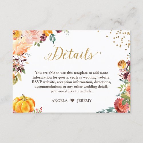 Autumn Floral Pumpkin Gold Wedding Details Enclosure Card