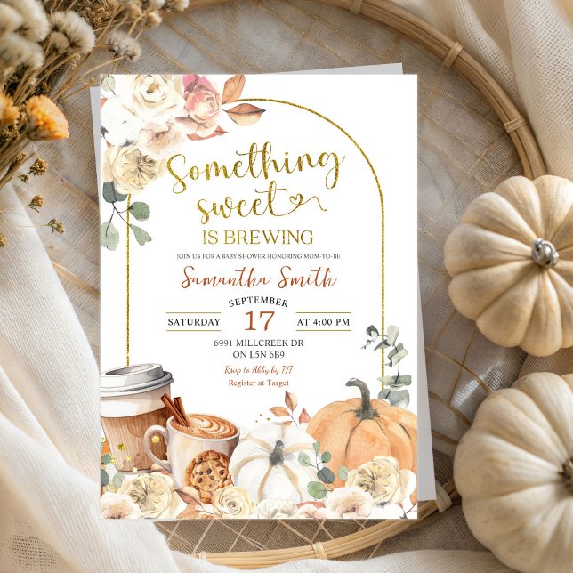 Autumn Floral Pumpkin Latte Brewing Baby Shower Invitation (Creator Uploaded)